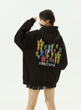 YEP星星美式连帽卫衣女春秋款2025新款潮牌黑色宽松oversize外套