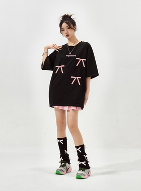 YEP字母发泡印花黑色短袖t恤女2025春夏新款复古宽松oversize上衣