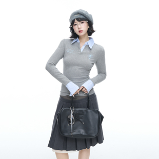 美式学院风印花假两件polo领卫衣女秋季新款修身显瘦chic套头上衣