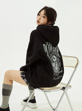 YEP黑色连帽卫衣女春秋2025新款复古oversize外套上衣潮牌加绒