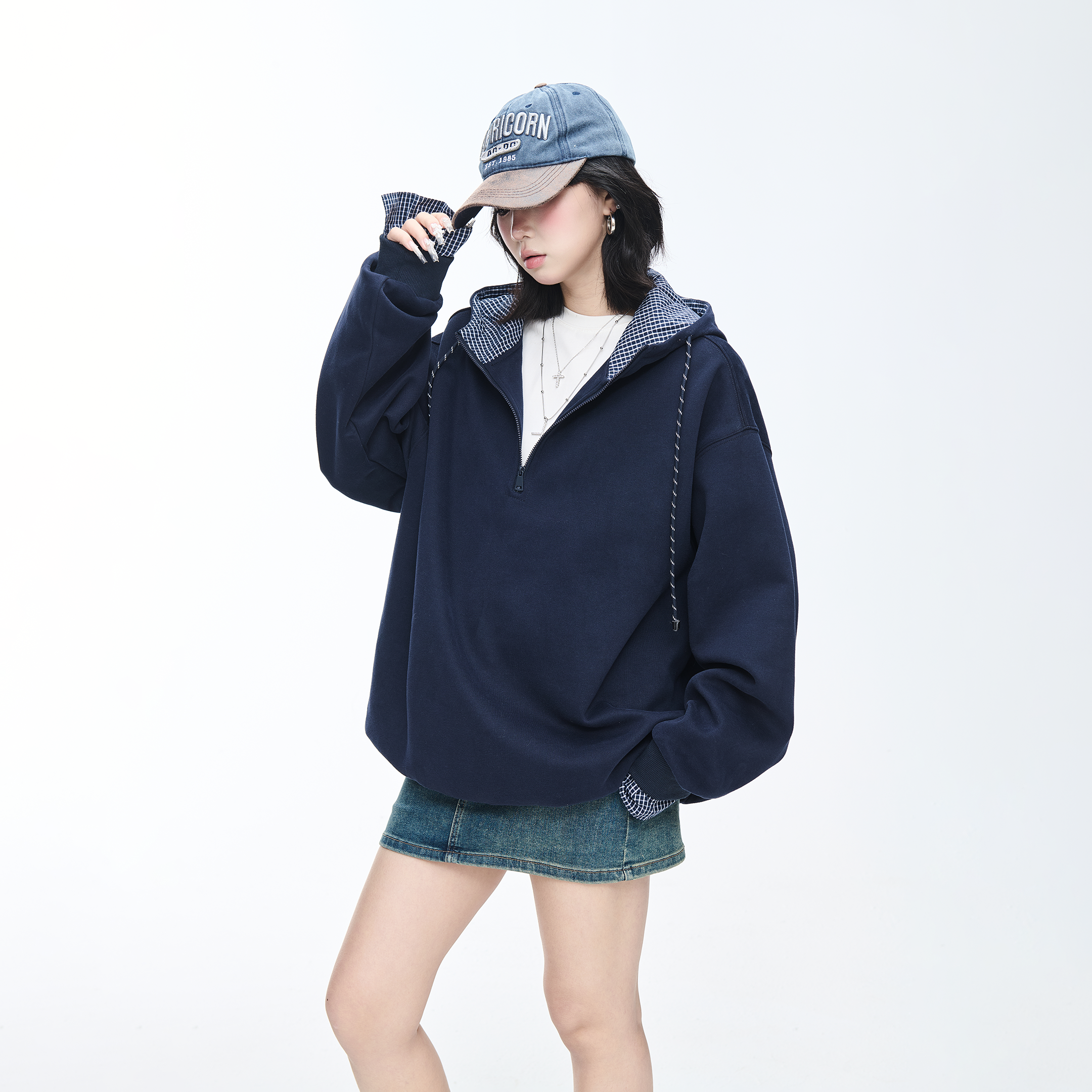 韩系早八通勤宽松连帽卫衣女春季2026新款半开领拉链复古帽衫外套,女装/女士精品,卫衣/绒衫,淘宝优惠券,粉丝福利购,淘宝优惠卷