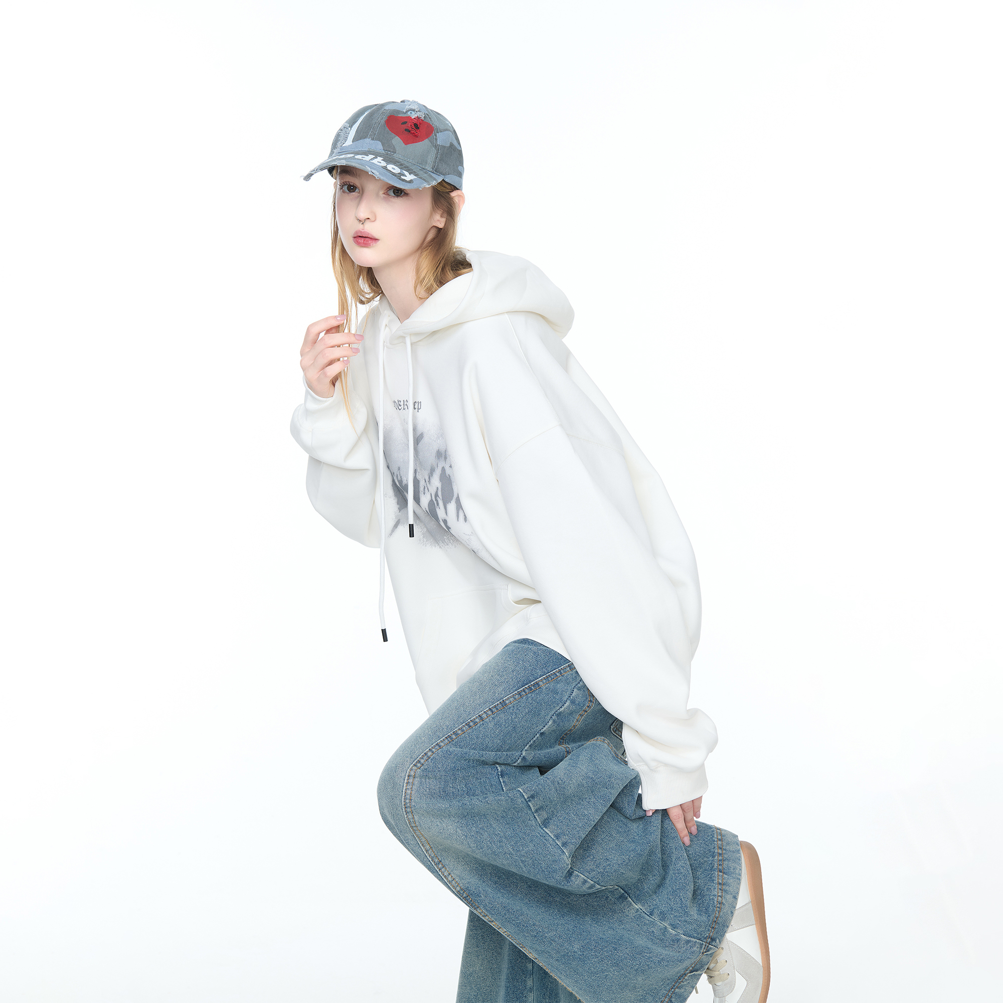 YEP美式复古潮牌涂鸦印花连帽卫衣女春秋宽松休闲街头风情侣帽衫