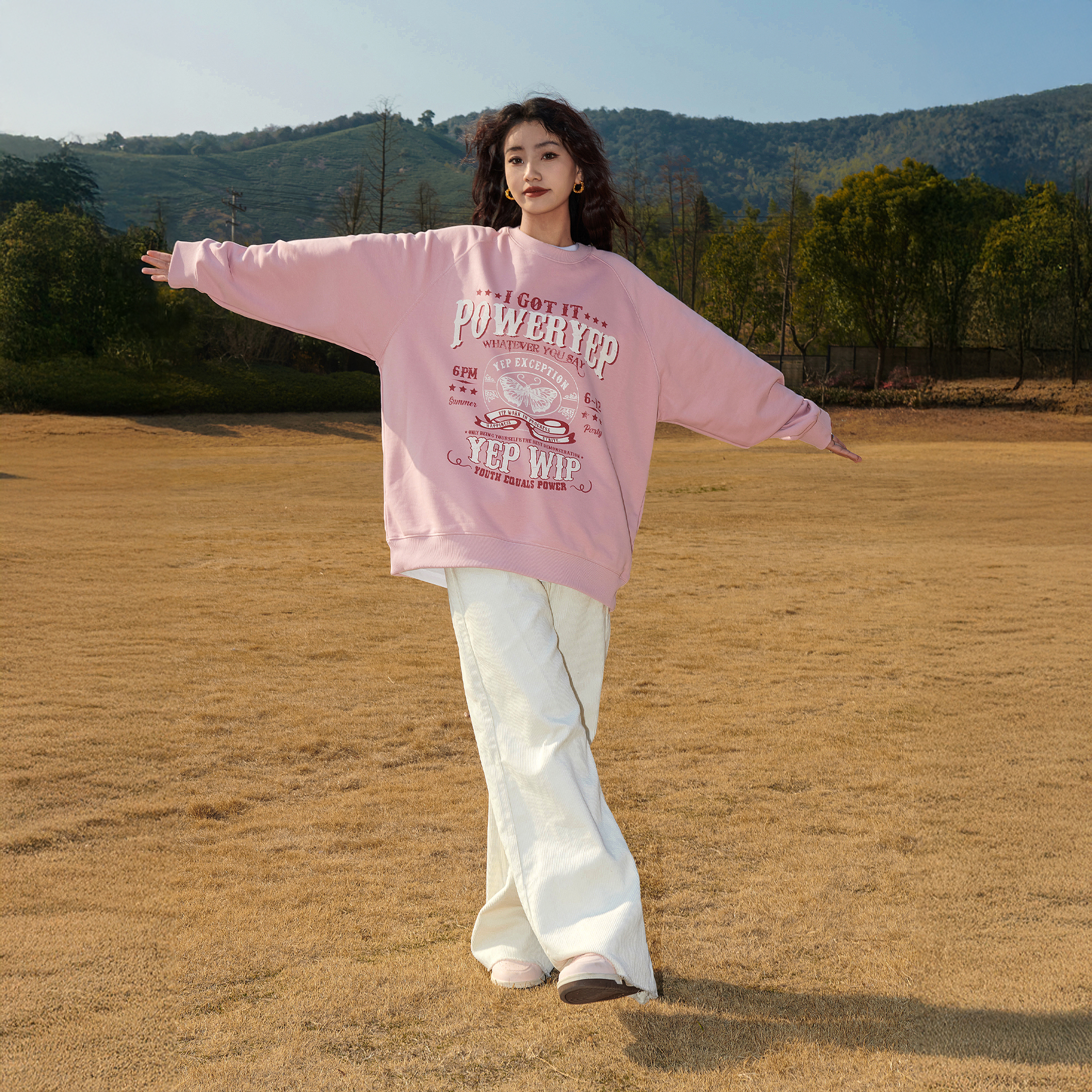 YEP美式卫衣女春秋可爱ins设计感复古脏粉色oversize圆领无帽上衣