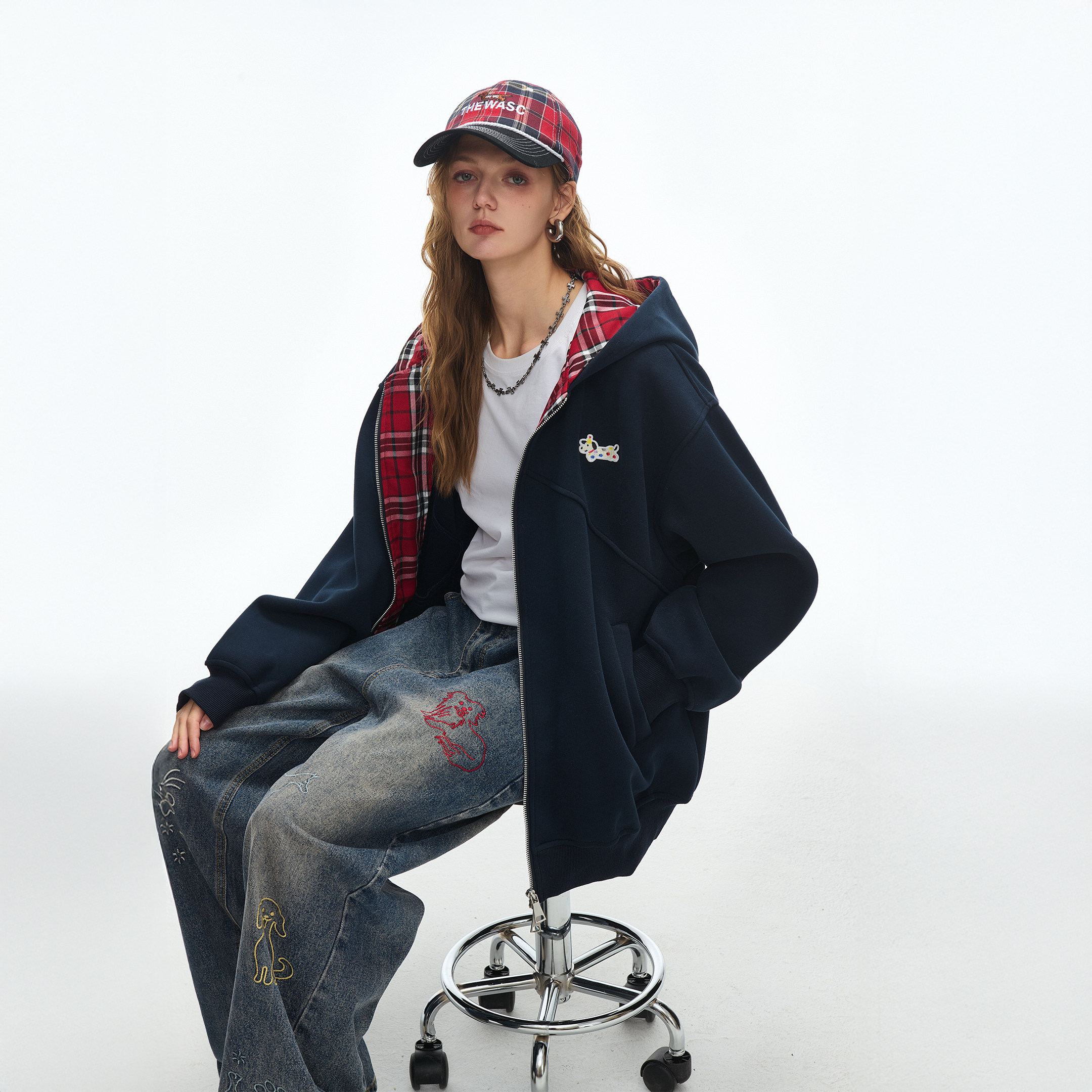 美式格子拼接狗狗印花连帽开衫卫衣女春秋新款宽松设计感外套上衣,女装/女士精品,卫衣/绒衫,淘宝优惠券,粉丝福利购,淘宝优惠卷