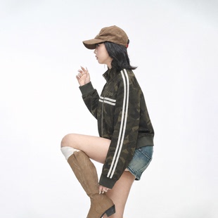 美式迷彩短款立领外套女2026新款早秋修身辣妹夹克复古刺绣上衣潮