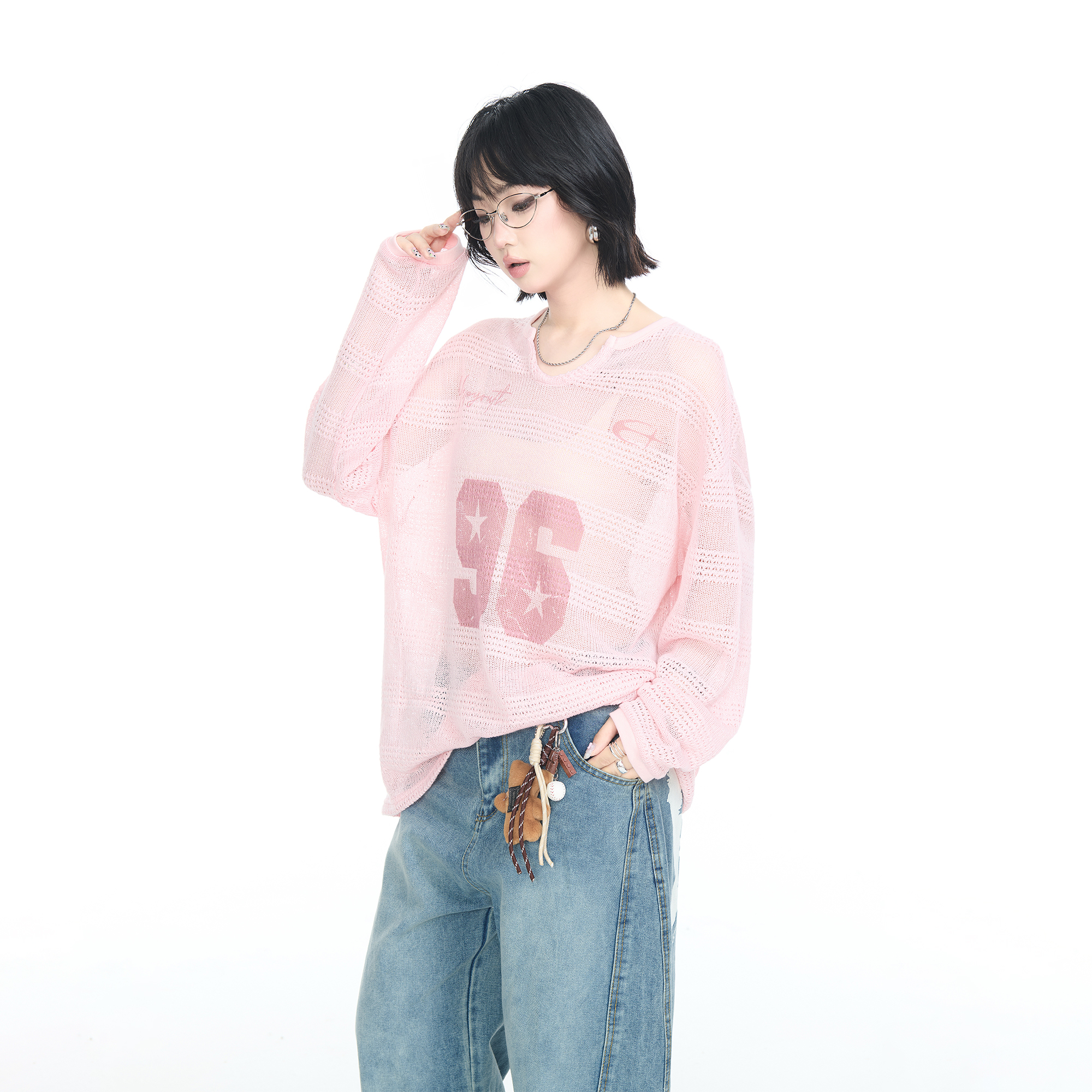 粉色镂空V领长袖T恤上衣女夏季2025新款美式复古数字印花宽松罩衫