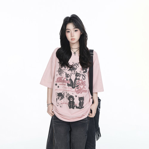 YEP2025春夏新款猫咪印花宽松T恤ins风街头复古风甜辣少女感上衣
