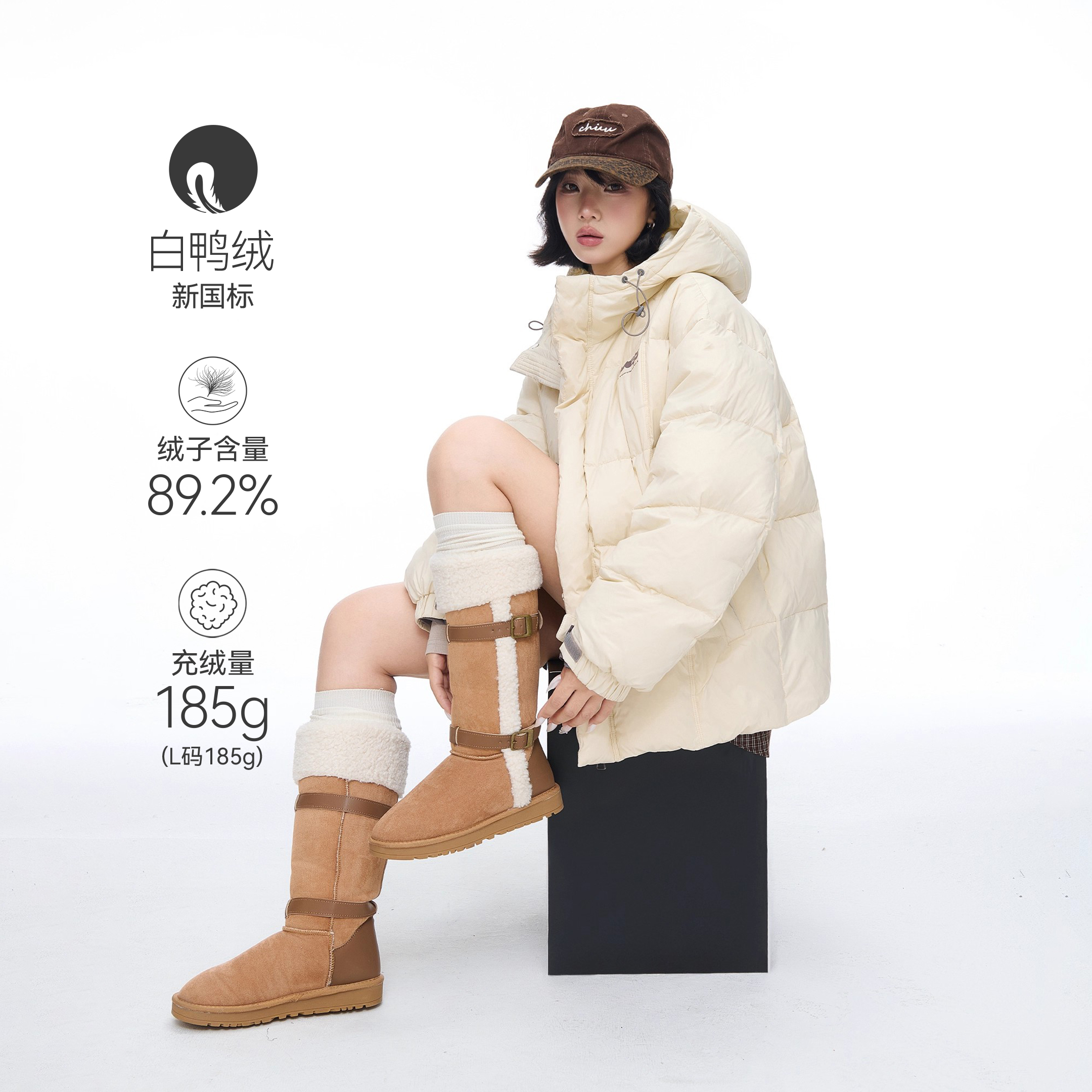 美式复古冬季新款印花连帽羽绒服女90白鸭绒面包服保暖情侣款外套