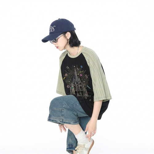 美式重磅刺绣拼接t恤女短袖2026年新款夏季宽松潮牌复古半袖上衣