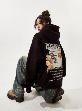 YEP复古黑色连帽卫衣女春秋2025年新款印花潮牌宽松oversize外套