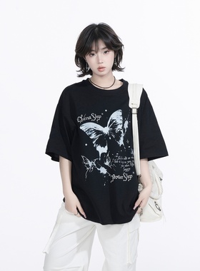 YEP复古蝴蝶印花短袖t恤女春夏新款潮牌半袖宽松oversize黑色上衣