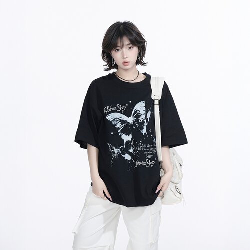 YEP复古蝴蝶印花短袖t恤女春夏新款潮牌半袖宽松oversize黑色上衣
