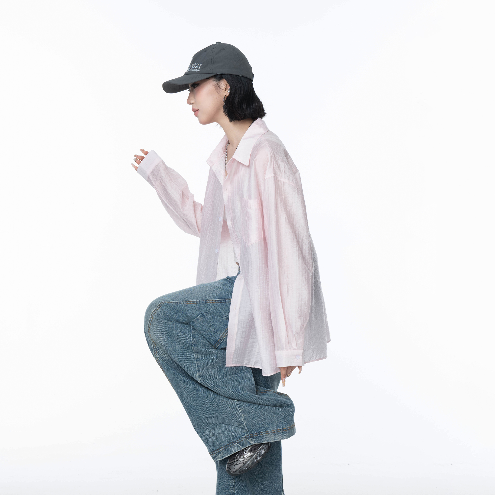 美式轻薄粉色物理防晒衬衫女夏季宽松透气罩衫天丝凉感衬衣外套