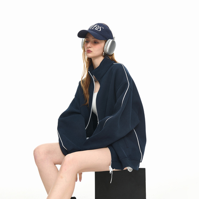 美式复古拼接拉链开衫立领卫衣女春秋新款运动休闲情侣款外套上衣