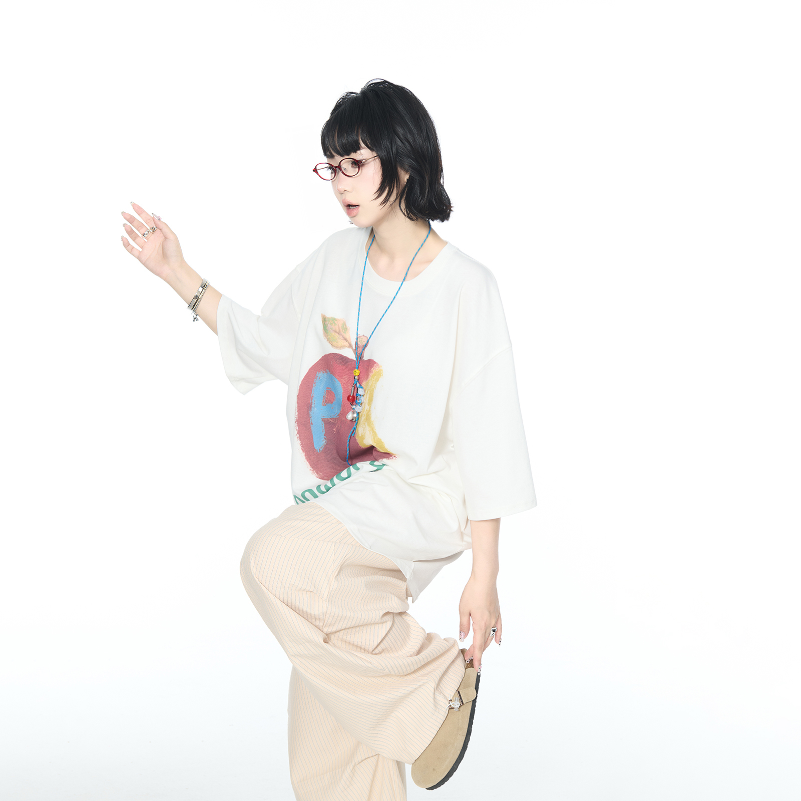 YEP夏季新款苹果印花短袖T恤女情侣款原创设计oversize宽松上衣潮
