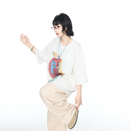 YEP夏季新款苹果印花短袖T恤女情侣款原创设计oversize宽松上衣潮