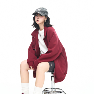 YEP中性风立领开衫卫衣男女宽松酒红色外套学生休闲日常男女通用