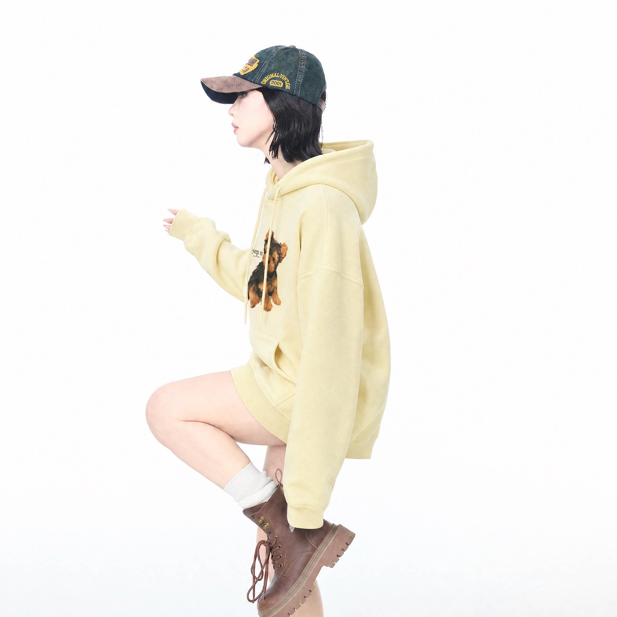 美式嫩黄色卡通印花连帽卫衣女秋季新款复古运动帽衫宽松百搭上衣