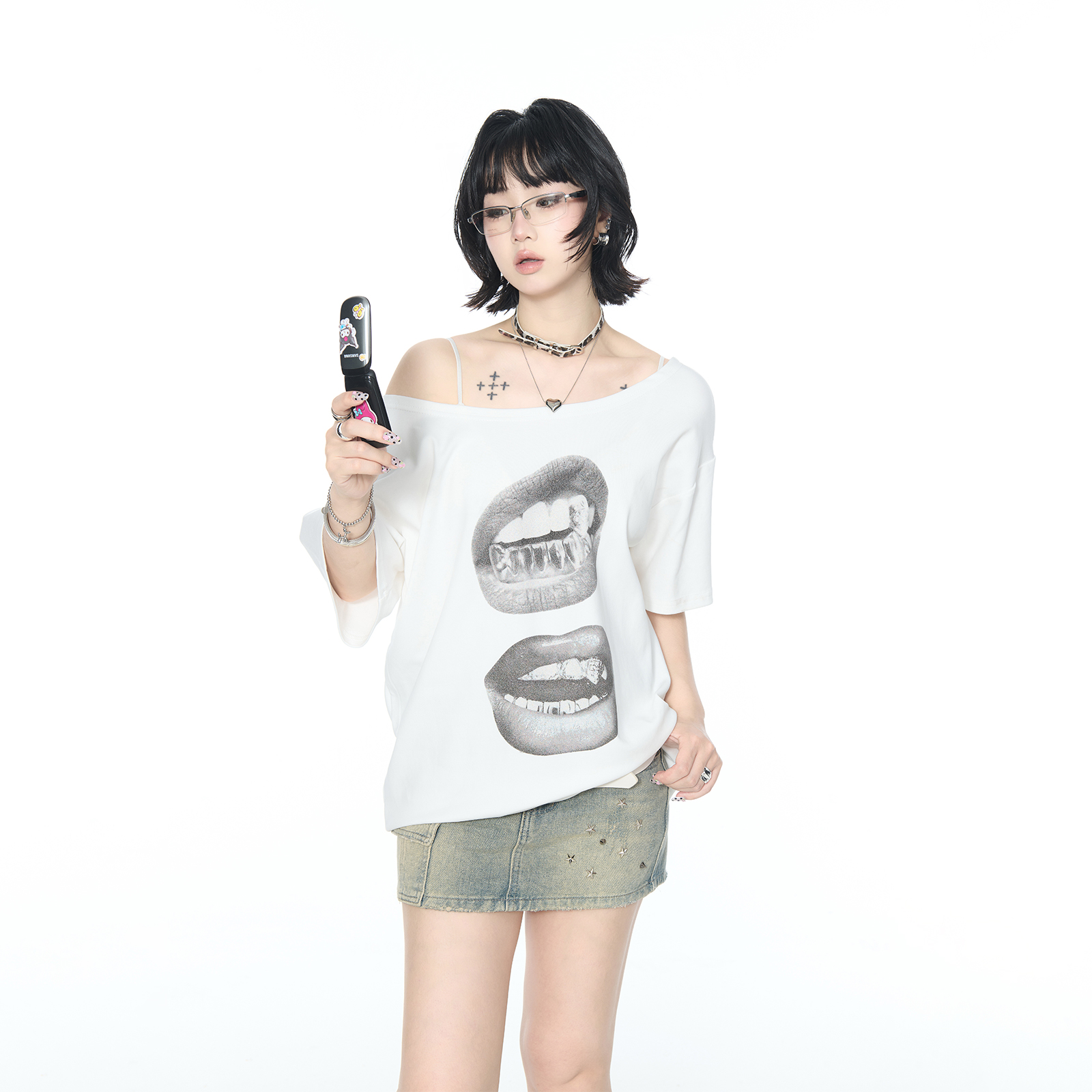 2025夏季新款美式ins辣妹风创意印花短袖T恤女宽松一字领斜肩上衣