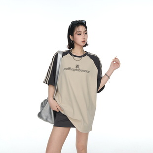 潮牌半袖 三道杠宽松圆领印花纯棉撞色T恤短袖 上衣 新款 2025夏季