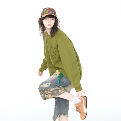 YEP美式复古猫咪印花圆领卫衣女宽松休闲ins街头风情侣款套头上衣