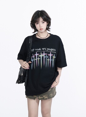 YEP设计感印花黑色短袖t恤女春夏2025年新款复古宽松街头半袖上衣