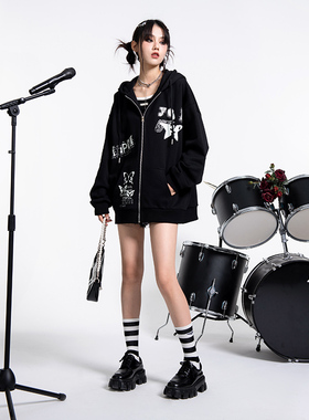 YEP卫衣开衫外套女黑色春秋款潮牌美式复古宽松oversize连帽上衣