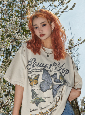 yep美式复古蝴蝶夏季纯棉短袖t恤女宽松bf设计感潮牌小众上衣爆款