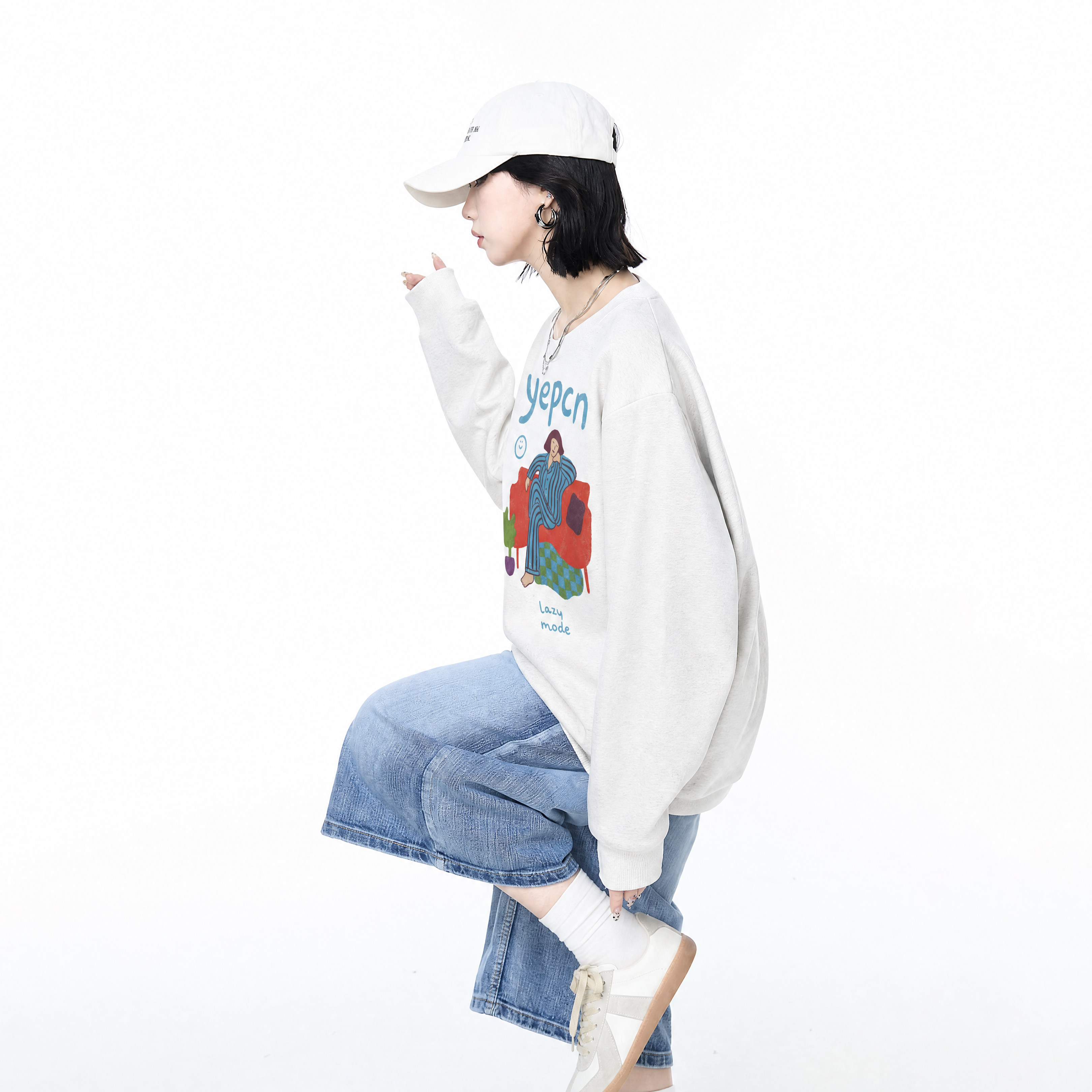 美式复古印花圆领卫衣女2026年新款春秋运动风套头无帽情侣装上衣