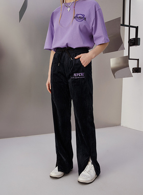 YEP复古灯芯绒裤子女春秋直筒宽松黑色显瘦开叉拖地长裤盐系日系