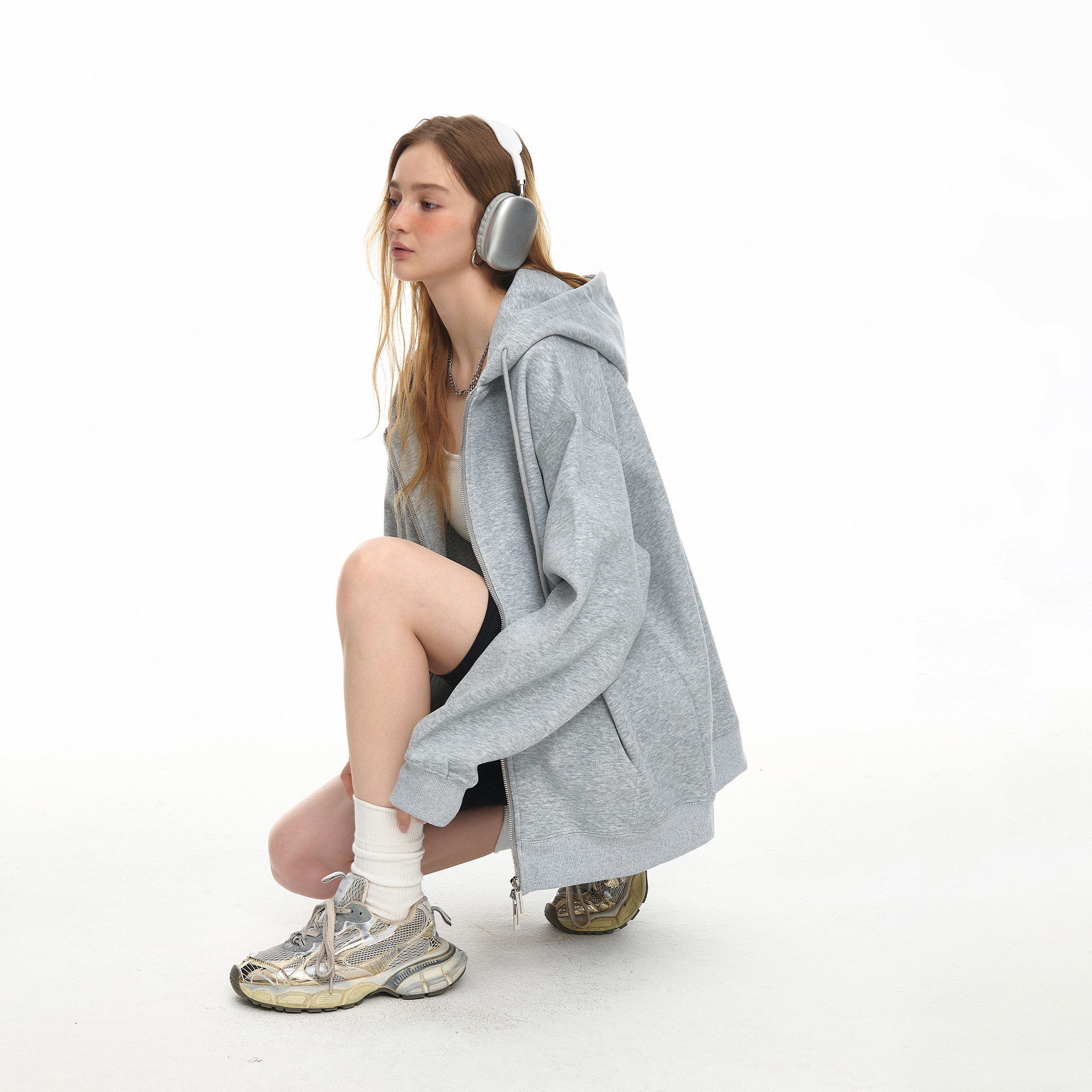 YEP美式复古灰色开衫连帽卫衣女春秋新款宽松慵懒松弛感帽衫外套