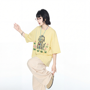 美式卡通小狗印花短袖t恤女春夏新款嫩黄色半袖宽松复古百搭上衣