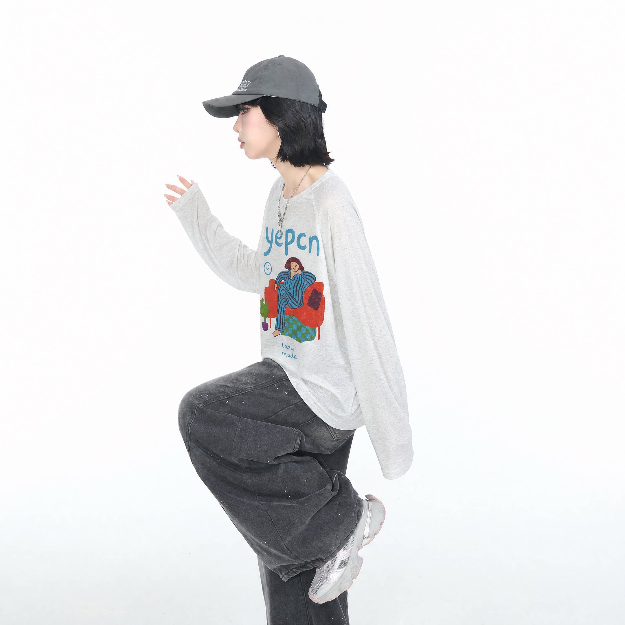 美式卡通印花长袖t恤女夏季新款物理防晒罩衫宽松莱赛尔凉感上衣图片