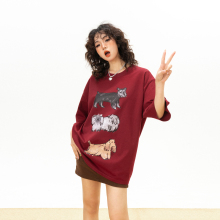 美式狗狗印花酒红色t恤短袖女夏季2025新款复古宽松纯棉半袖上衣