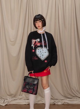 YEP蝴蝶结印花圆领卫衣女春秋2025新款黑色复古插肩袖宽松上衣潮