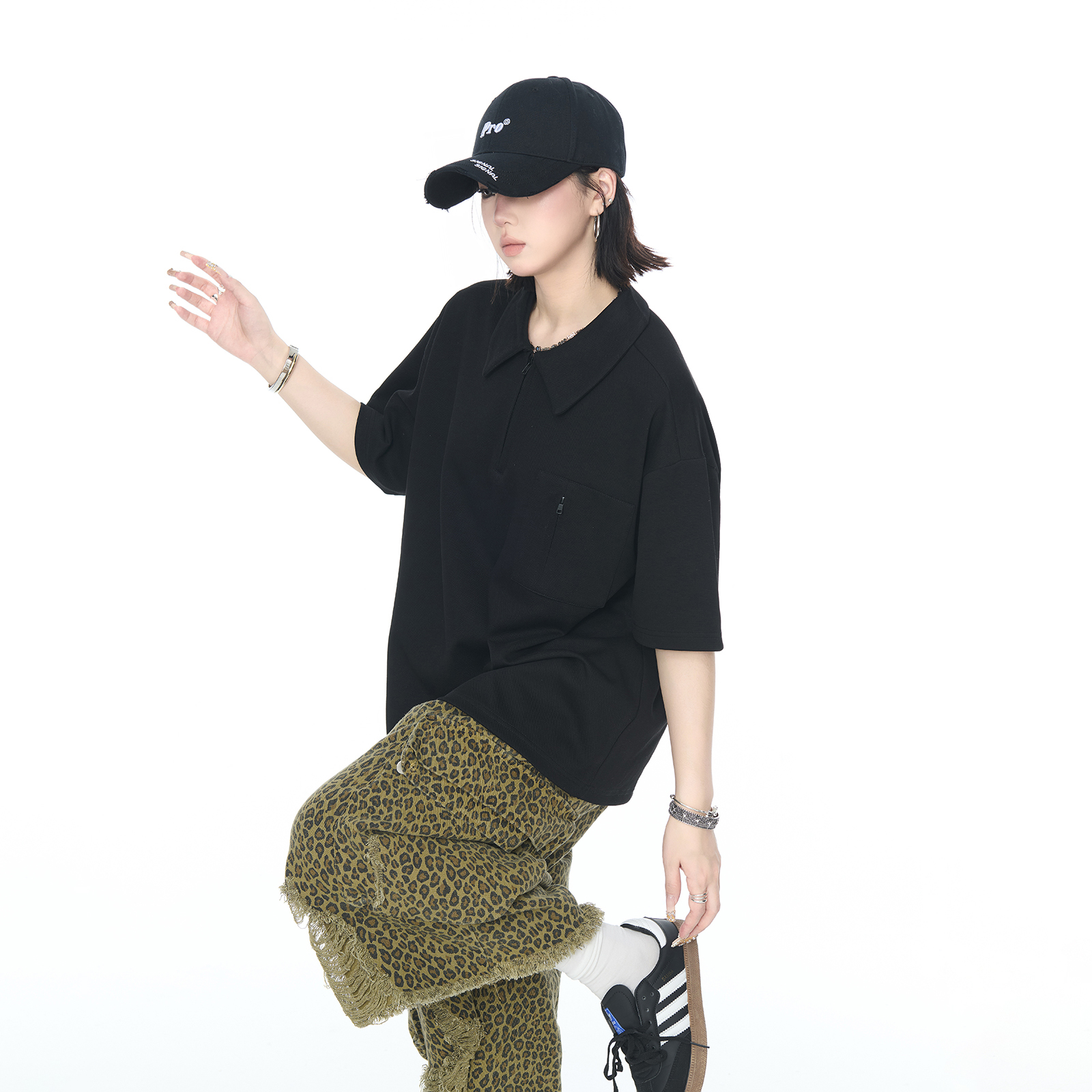 YEP复古纯色拉链POLO衫男女夏季新款短袖t恤正肩宽松情侣装半袖潮