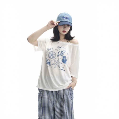 复古设计感印花斜肩t恤女短袖夏季新款微透薄款防晒罩衫宽松上衣