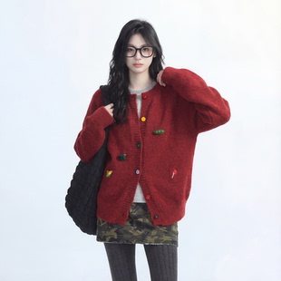 2026新款美式复古多色彩扣软糯宽松针织开衫女日常通勤上衣