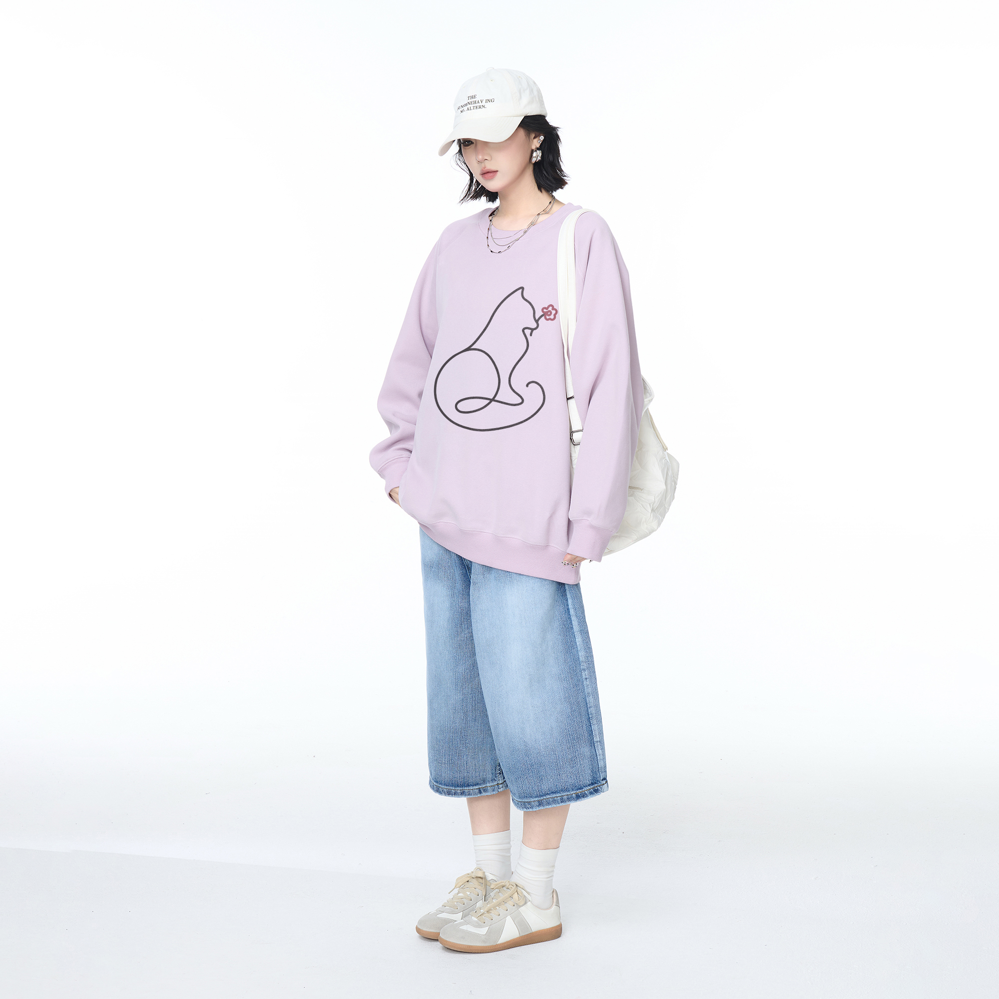 YEP春秋新款浅紫色卡通印花圆领卫衣女宽松外套美式街头套头上衣