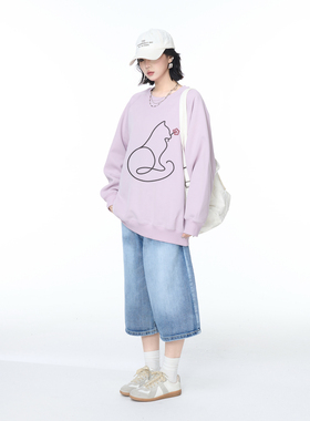 YEP春秋新款浅紫色卡通印花圆领卫衣女宽松外套美式街头套头上衣