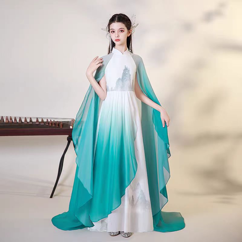 2025新款中国风女童弹古筝演出服儿童民乐演奏大合唱礼服主持人