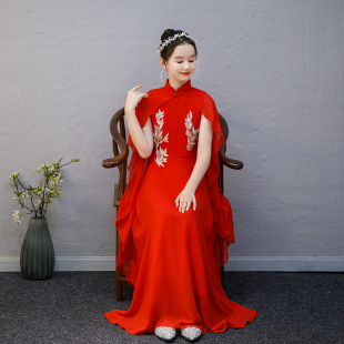 新款女童汉服中国风古筝演出服红色旗袍领钢琴考级主持人儿童走秀