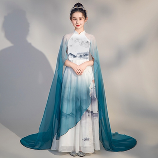 汉服女童高端中大童弹古筝演出服中国风艺考民乐演奏礼服千里江山