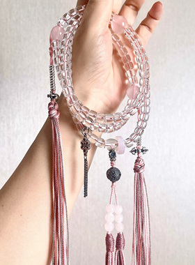 10A全净体天然白水晶佛珠手链直切老型108颗念珠项链正圆粉晶女款