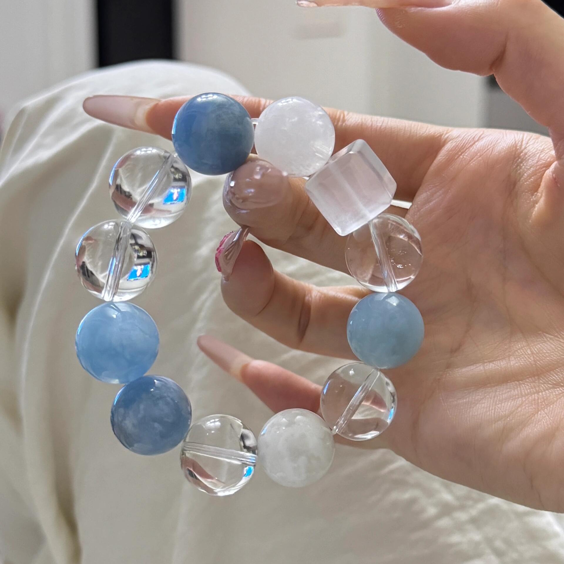 天然海蓝宝手串双A全净体巴西白水晶方糖奶白晶白幽灵手链显白女