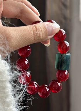 原创天然红玛瑙手串水晶玉髓玉石青提奶盖本命年鸽血红手链男女款