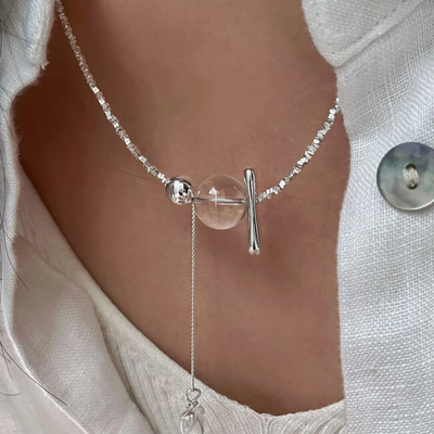 S925纯银步摇白水手工串珠碎银子白水晶流苏项链质感锁骨链百搭女