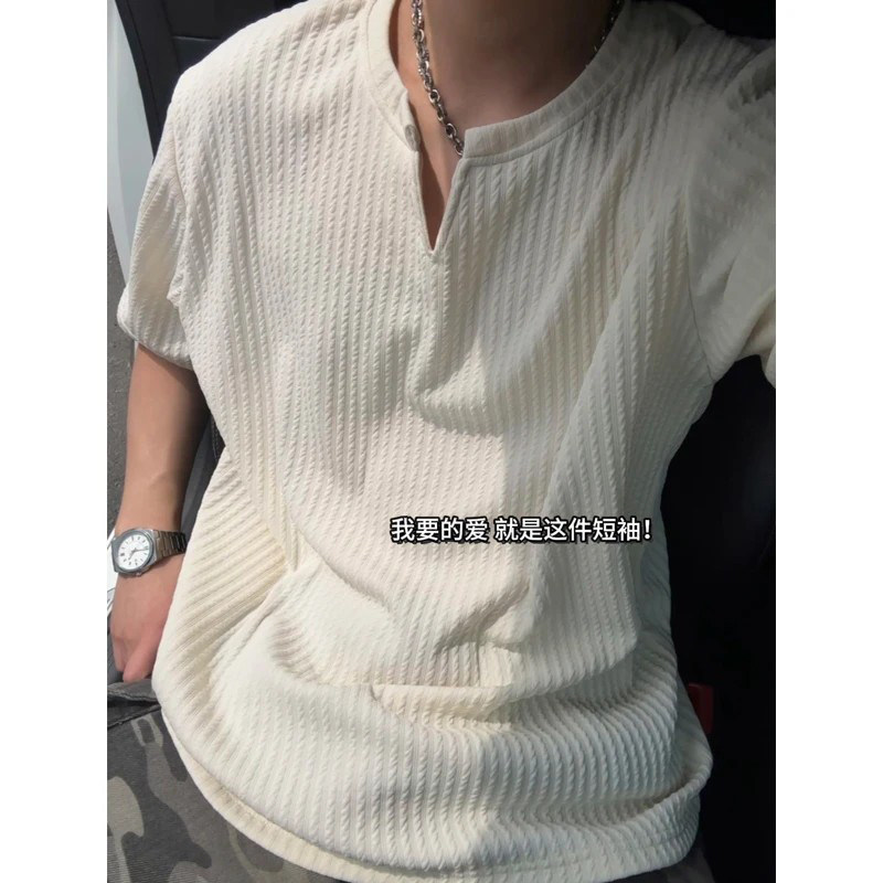 男士速干冰丝运动t恤杏色肌理感V领短袖男款ootd穿搭青少年美式