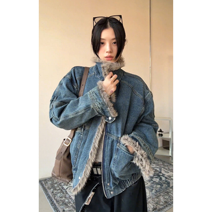 外套 加厚保暖毛领棉衣工装 美式 复古水洗解构牛仔座山雕棉服男冬季