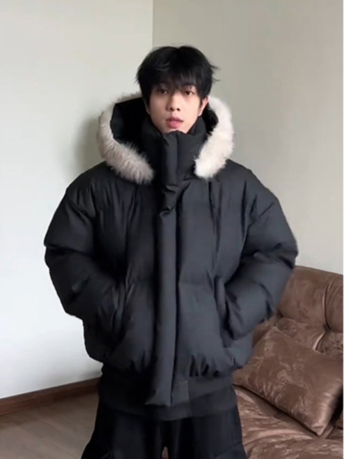 Black Short Fur Collar Down Jacket for Men, Winter Thickened Warm Workwear Quilted Coat, Hooded Couple's Parka